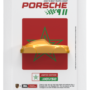 Limited-edition Porsche 911 wall art mockup featuring a yellow 3D-printed car model on a red Moroccan star motif (01/50).