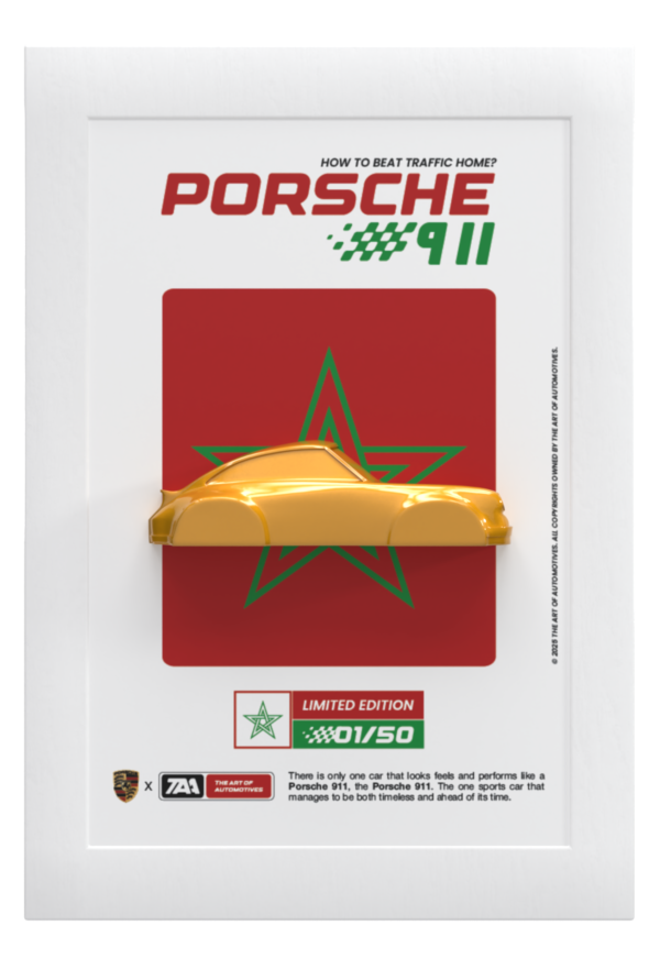 Limited-edition Porsche 911 wall art mockup featuring a yellow 3D-printed car model on a red Moroccan star motif (01/50).