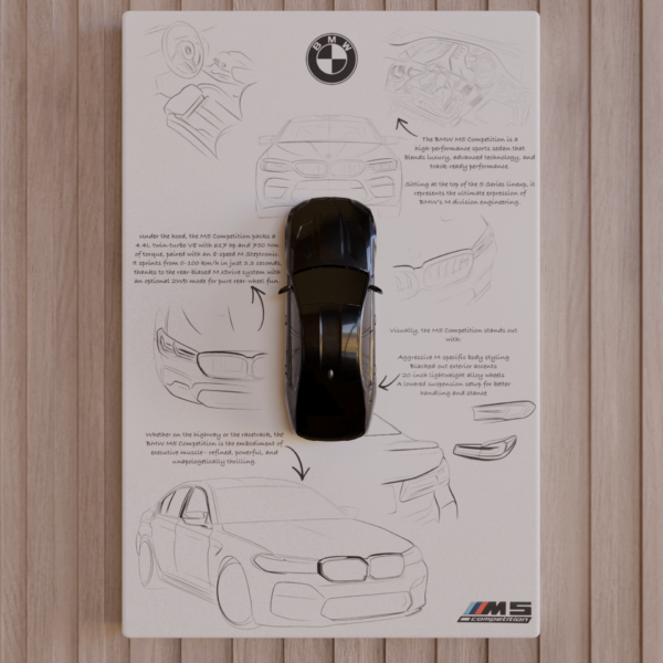 Top-view 3D-printed BMW M5 CS miniature in gloss-black finish mounted on a white panel with sketch background
