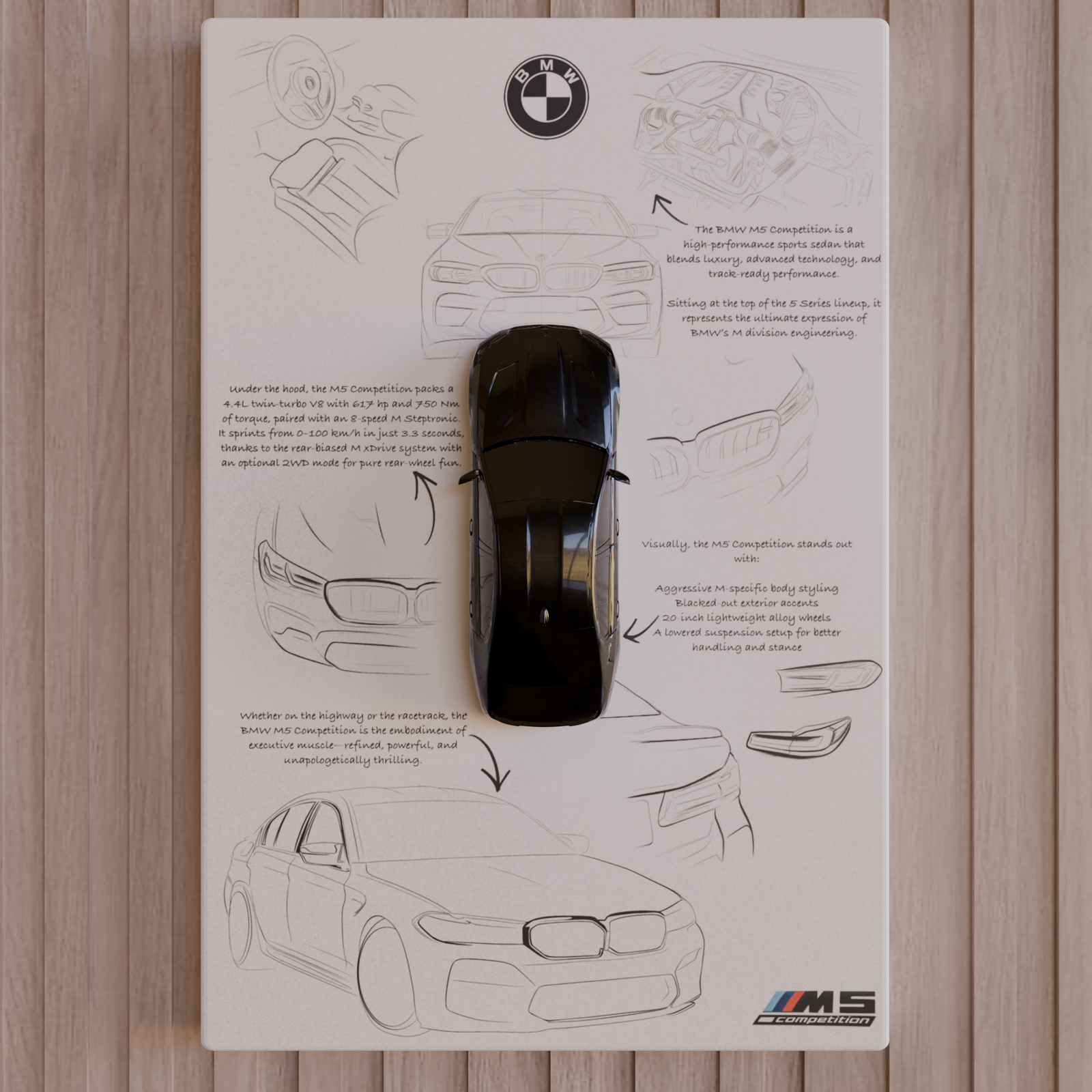 Top-view 3D-printed BMW M5 CS miniature in gloss-black finish mounted on a white panel with sketch background