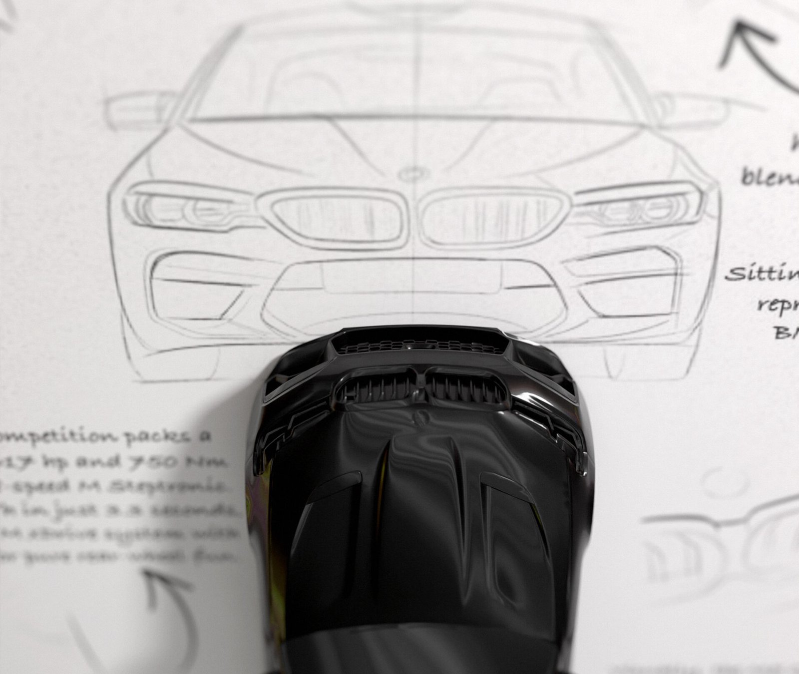 Top view of black sports car model on a BMW sketch background with design notes by the art of automotives